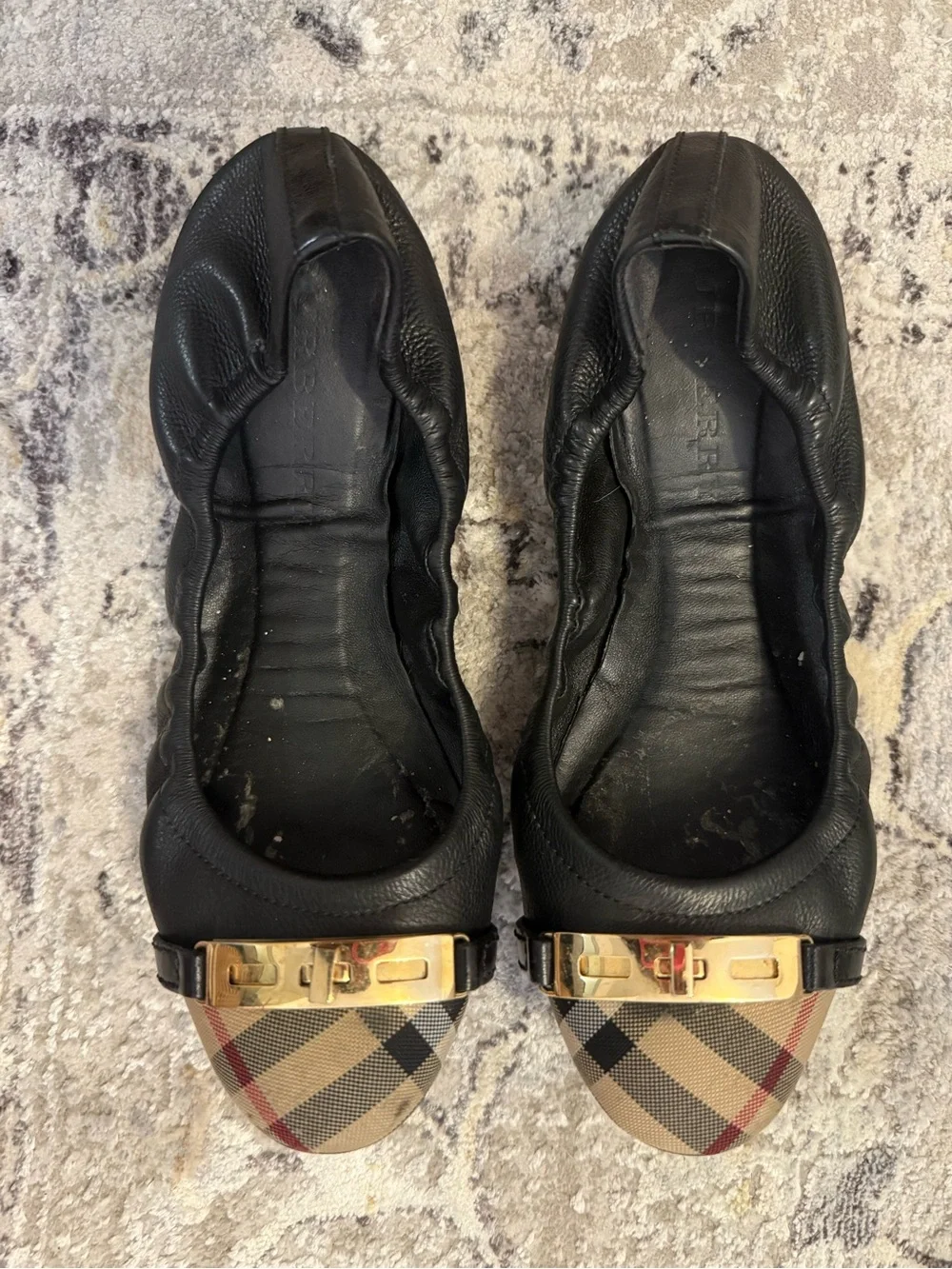 Black Leather Flats with Check Toe and Gold Accent